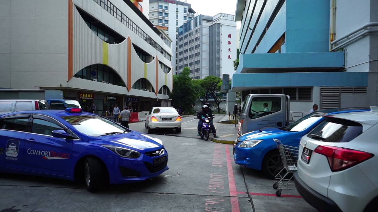 View along Chin Swee Road with blocks and trees under overcast sky